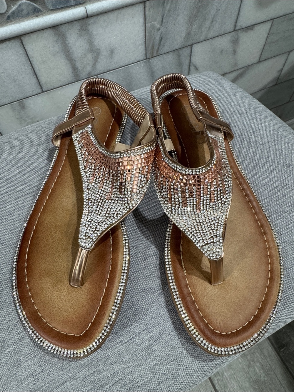 Embellished Brown Rhinestone Thong Sandals